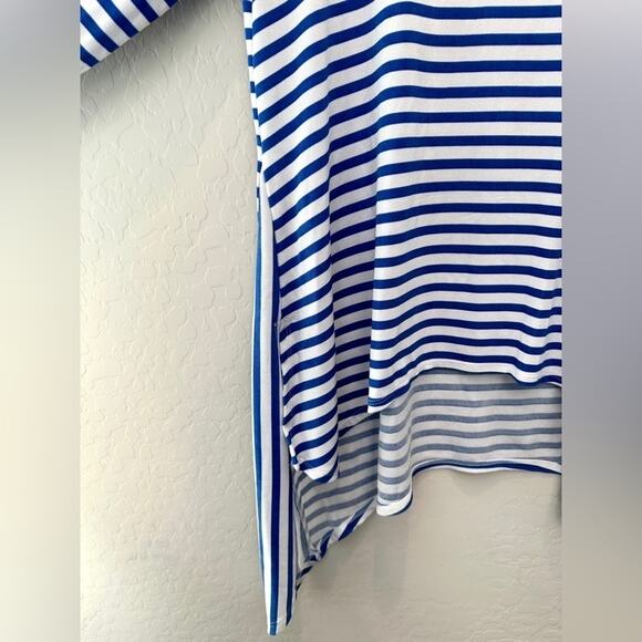CHICO’S TRAVELERS | Blue White Striped Tunic Top Asymmetrical Hem | Size 2 Large - Picture 4 of 7